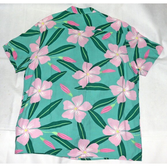 Duvin Camp Shirt Mens Medium Green Pink Floral Hawaiian Rayon Casual Button Up - Picture 3 of 7